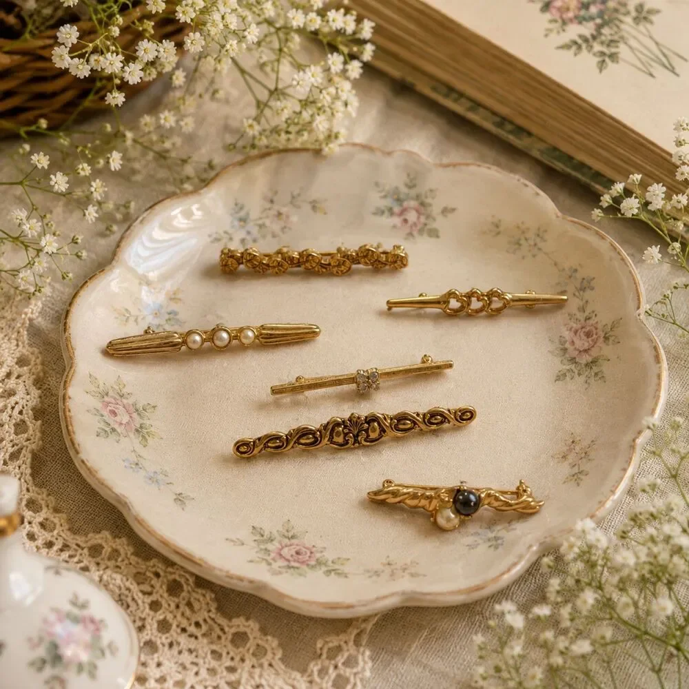 Vintage Gold Tone Bar Brooch Pin Lot of 6, Pearl Rhinestone Ornate Jewelry